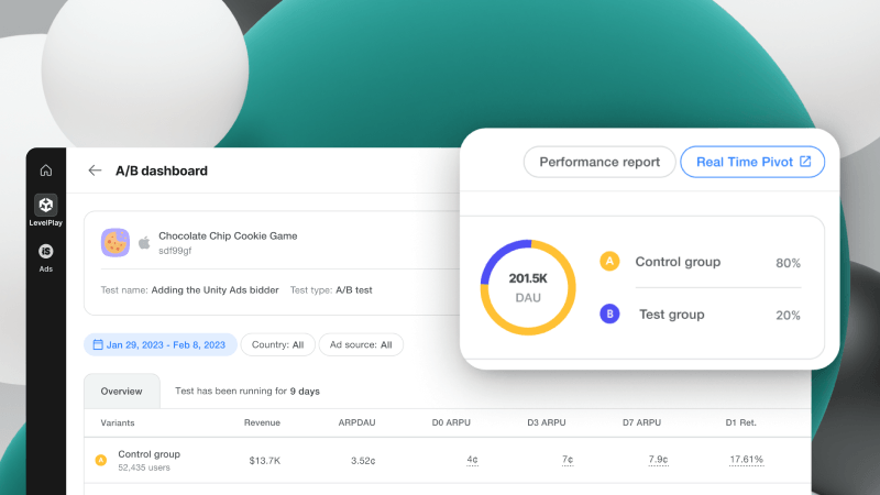 Screen showing A/B dashboard with a modal window presenting the control group percentage of 80% and the test group which presents 20%