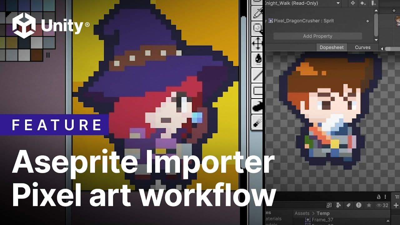Sprites, animations, tilemaps made in Aseprite can be imported and updated in your Unity project automatically.