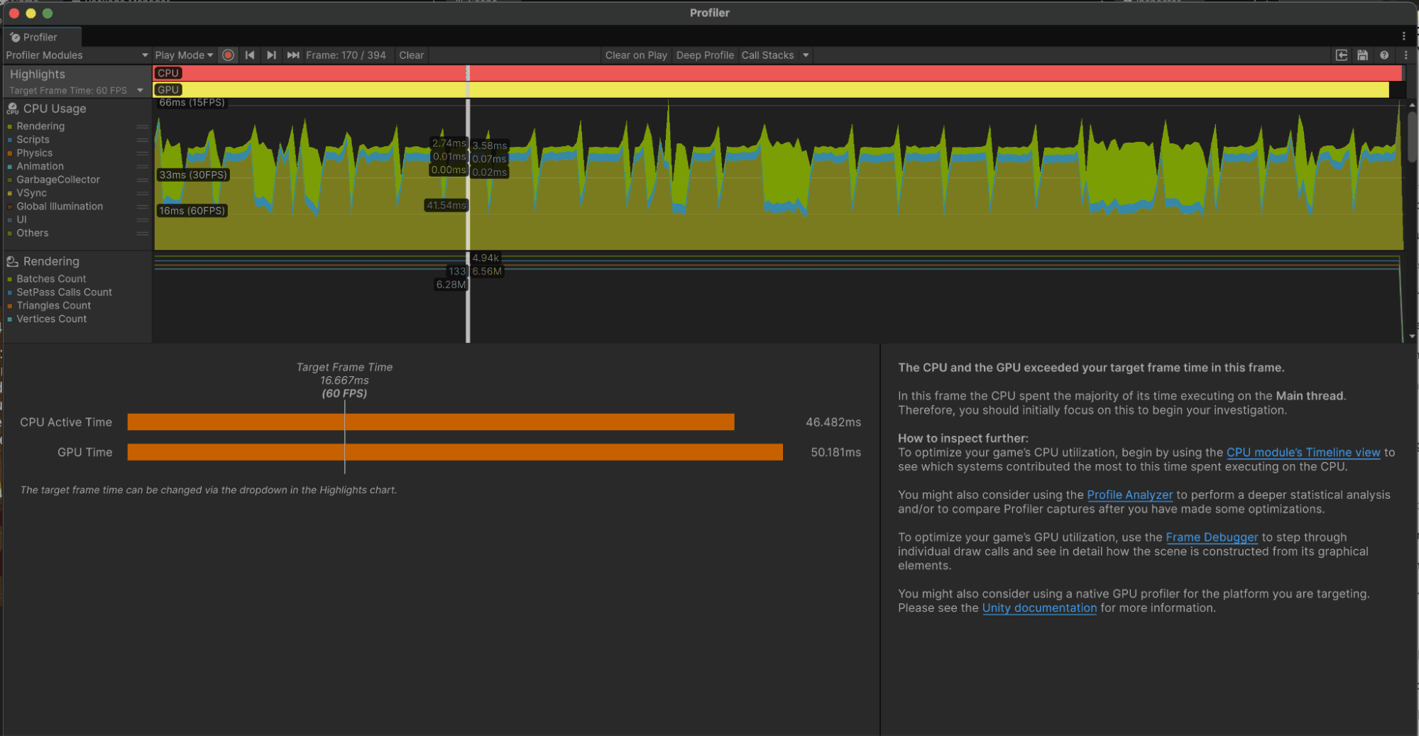 The Highlights module in the Unity Profiler
